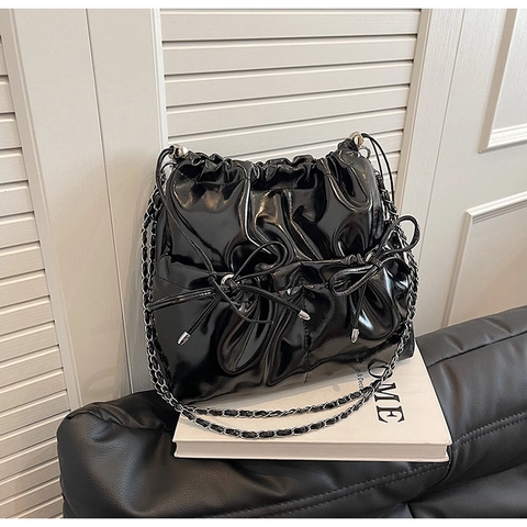 Women PU Leather Bow Bucket Bag Shiny Metallic Drawstring Shoulder Bag With Chain Strap Versatile Casual Crossbody Handbag For Fashionable Ladies