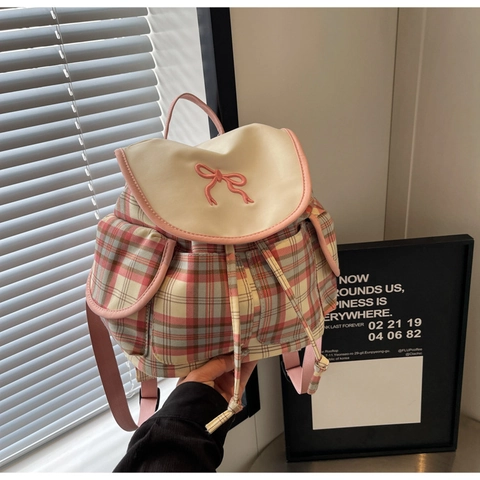 Zaino in Tessuto Scozzese da Donna Con Ricamo con Fiocco Borsa a Tracolla Casual con Coulisse Grande Capacità Stile College Viaggio