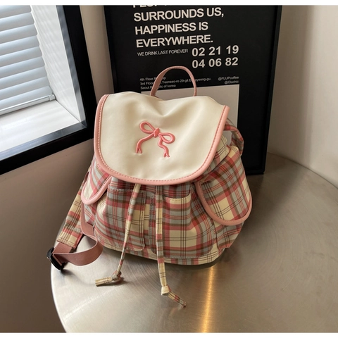 Zaino in Tessuto Scozzese da Donna Con Ricamo con Fiocco Borsa a Tracolla Casual con Coulisse Grande Capacità Stile College Viaggio