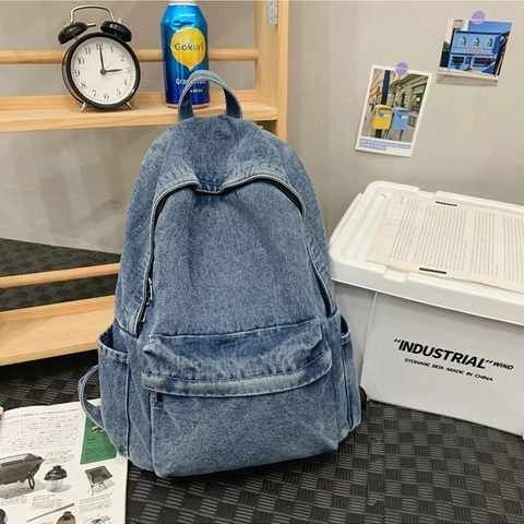 Damen Vintage Gewaschener Denim Rucksack Große Kapazität Urban Minimalist Design Schule Reisen Schultertasche Retro Gewaschene Denim Tasche
