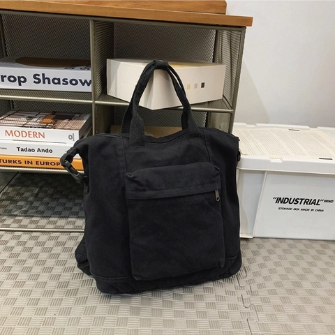 Women Large Canvas Shoulder Bag Dual Use Backpack Workwear Style Multi Pocket Tote Handbag Casual Daily School Bag