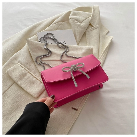 Damen Trendy PU Leder Schultertasche Elegant Strass Schleife Silber Kette Gurt Umhängetasche Quadratische Handtasche Für Den Alltag