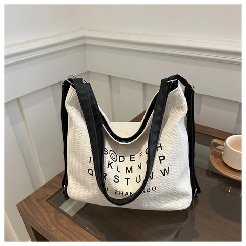 Women Large Capacity Canvas Shoulder Bag Minimalist Herringbone Tote Bag With Letter Print Casual Commuter Hobo Handbag