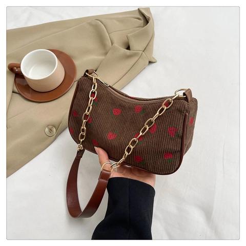 Damen Cord Umhängetasche Mit Erdbeerdruck Goldkette Unterarmtasche Lässige Crossbody Handtasche Mode Täglich Reisetäschchen