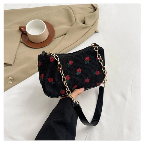 Damen Cord Umhängetasche Mit Erdbeerdruck Goldkette Unterarmtasche Lässige Crossbody Handtasche Mode Täglich Reisetäschchen