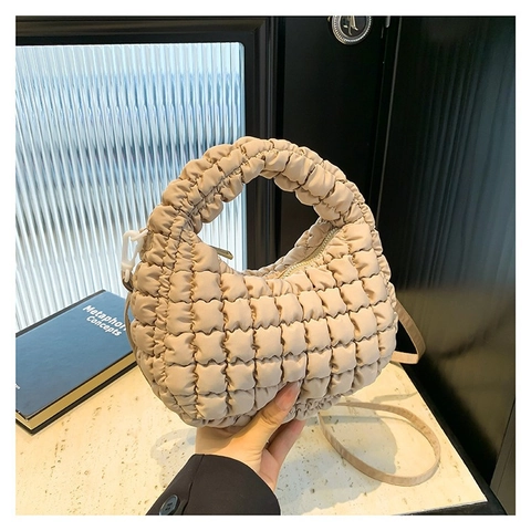 Women Minimalist Quilted Shoulder Bag Solid Color Puffy Cloud Crossbody Bag Lightweight Nylon Versatile Handbag For Daily
