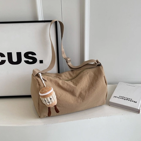 Women Large Capacity Minimalist Fabric Shoulder Bag Urban Trend Nylon Crossbody Bag With Cute Coffee Cup Plush Pendant