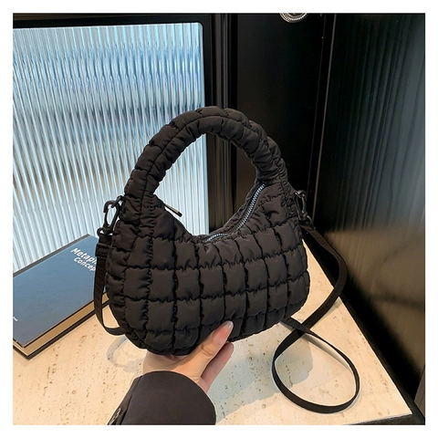 Women Minimalist Quilted Shoulder Bag Solid Color Puffy Cloud Crossbody Bag Lightweight Nylon Versatile Handbag For Daily