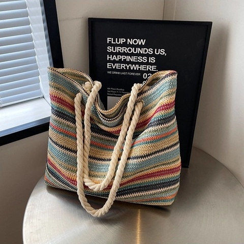 Women Bohemian Multi-Color Striped Straw Woven Tote Bag Large Capacity Beach Shoulder Bag With Cotton Rope Handle Casual Travel Bag
