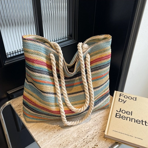 Women Bohemian Multi-Color Striped Straw Woven Tote Bag Large Capacity Beach Shoulder Bag With Cotton Rope Handle Casual Travel Bag