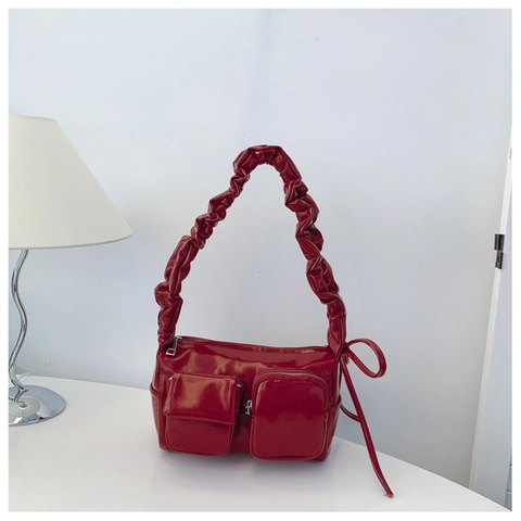 Borsa a Tracolla in Pelle PU Lucida Con Manico Scrunchie per Donna Y2K Borsa a Pieghe Tasche Frontali Funzionali Moda