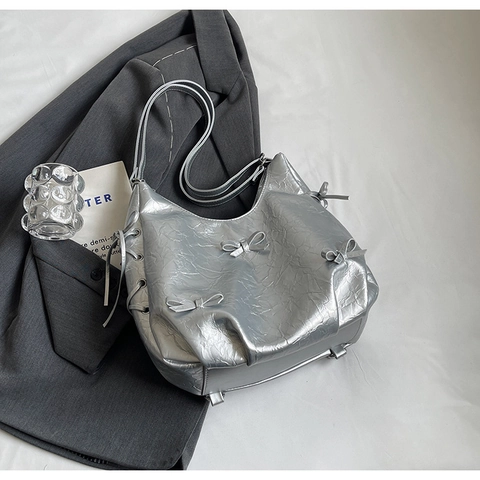 Bolso Hobo de Cuero PU Arrugado para Mujer Con Decoración de Lazo Gran Capacidad Bolso de Hombro Cruzado para Uso Diario Moda de Verano