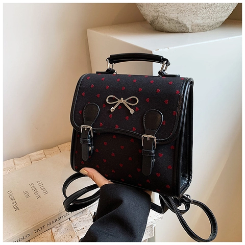 Zainetto da Donna Retro in Pelle PU Con Motivo a Cuore e Pois Fiocco Decorazione in Metallo Semplice Zaino Stile Scuola Casual