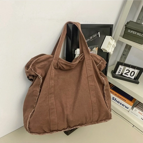 Bolso Tote de Lona Gran Capacidad Borde Deshilachado Mujer Bolso de Hombro Casual Retro Streetwear Bolso Hobo Bolso de Viaje