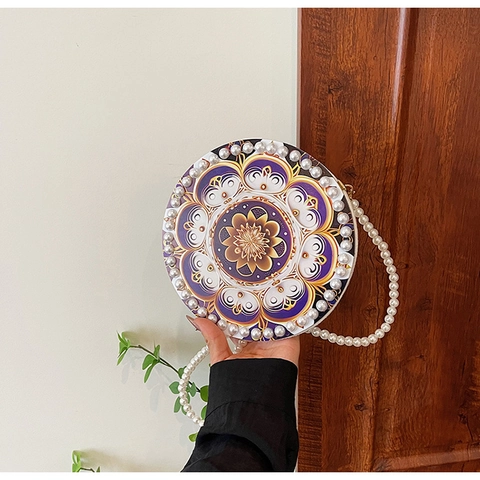 Women Round Cotton Linen Mandala Print Shoulder Bag Artificial Pearl Strap Ethnic Vintage Crossbody Purse Holiday Bag