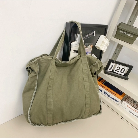Bolso Tote de Lona Gran Capacidad Borde Deshilachado Mujer Bolso de Hombro Casual Retro Streetwear Bolso Hobo Bolso de Viaje