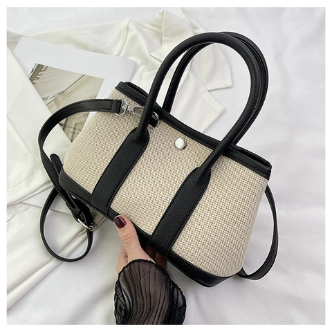 Damen Segeltuch PU Leder Patchwork Handtasche Urban Einfache Schulter Umhängetasche Tote Bag Mit Verstellbarem Riemen Lässige Tasche