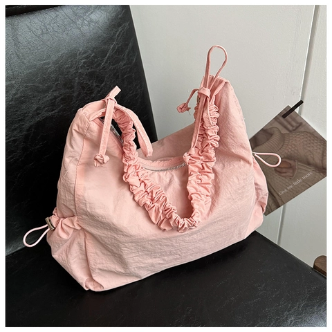 Women Nylon Ruched Hobo Bag Large Capacity Pleated Shoulder Bag With Drawstring Casual Urban Minimalist Crescent Tote Bag