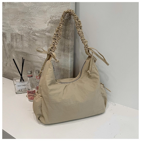 Women Nylon Ruched Hobo Bag Large Capacity Pleated Shoulder Bag With Drawstring Casual Urban Minimalist Crescent Tote Bag