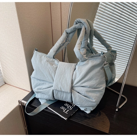 Trendy Bow Design Quilted Puffy Shoulder Bag For Women Large Capacity Fashion Versatile Summer Messenger Handbag Polyester Tote Bag