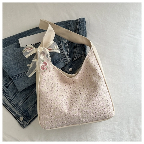 Floral Lace Embroidery Canvas Shoulder Bag For Women Sweet Ribbon Bow Large Capacity Tote Hobo Bag Summer Casual Handbag