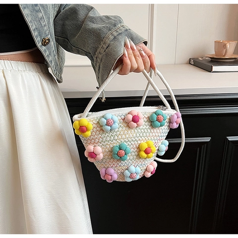 Sac Bandoulière d'Été en Coton et Lin Tissé pour Femme Doux Sac Seau avec Fleurs 3D Sac à Main Décontracté de Voyage