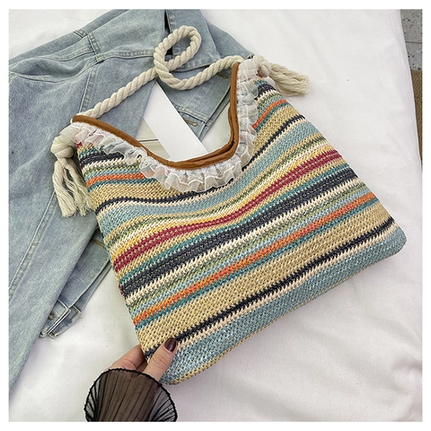 Sommer Gewebte Tragetasche Für Damen Mode Spitzenborte Schultertasche Lässig Baumwollseil Griff Regenbogen Gestreifte Handtasche Urlaub Strandtasche
