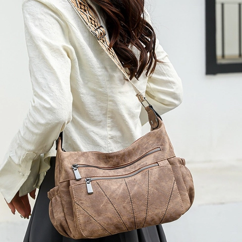 Borsa a Tracolla Vintage in Pelle PU Per Donna Grande Capacità Multi-Tasche Borsa a Spalla Con Tracolla Larga Etnica Borsa Hobo Versatile