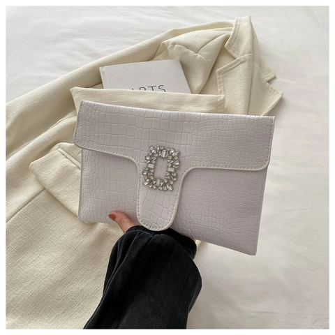 Women Fashion Croco Embossed PU Leather Envelope Clutch Bag Rhinestone Buckle Evening Party Shoulder Bag Wedding Handbag