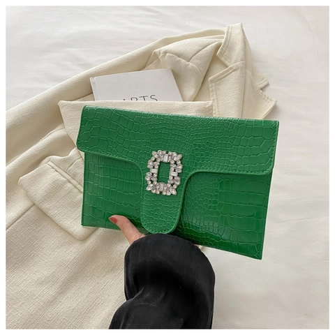 Women Fashion Croco Embossed PU Leather Envelope Clutch Bag Rhinestone Buckle Evening Party Shoulder Bag Wedding Handbag
