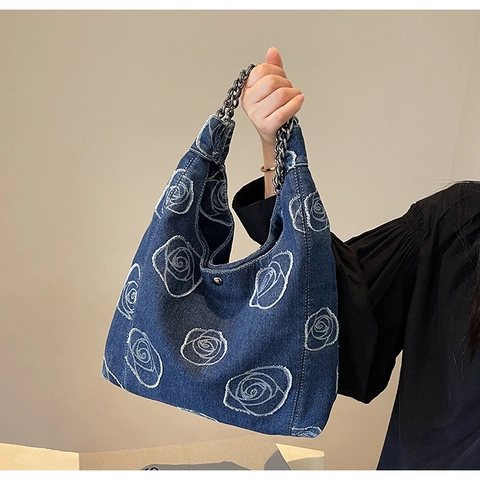 Bolso de Hombro de Mezclilla Vintage para Mujer Con Bordado de Rosas Blancas Correa de Cadena Retro Hobo Tote Denim