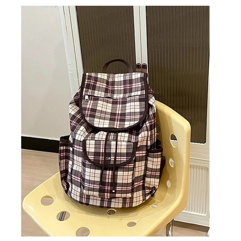 Damen Casual Nylon Rucksack Karomuster Große Kapazität Schultasche Britischer Stil Mehrere Taschen Klappdeckel Reise Tasche