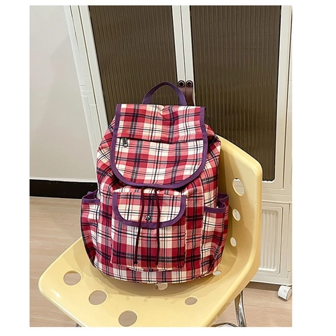Damen Casual Nylon Rucksack Karomuster Große Kapazität Schultasche Britischer Stil Mehrere Taschen Klappdeckel Reise Tasche