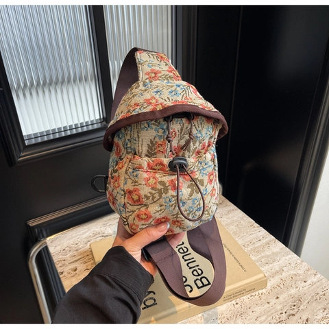 Vintage Blumen Jacquard Umhängetasche Für Damen Verstellbarer Gurt Kordelzug Brusttasche Lässige Vielseitige Ethnische Crossbody Tasche