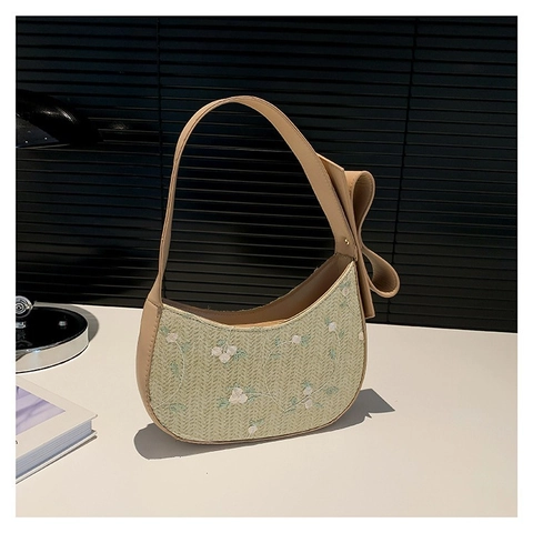 Dames PU Stro Schoudertas Bloemenborduurwerk Crescent Hobo Tas Met Grote Strik Stedelijke Minimalistische Handtas