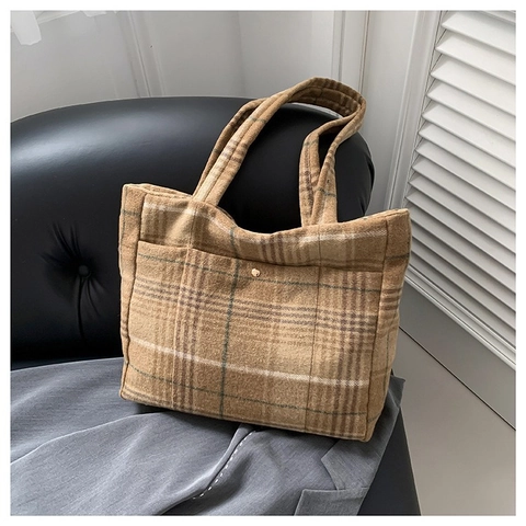 Damen Große Kapazität Wollstoff Kariert Tote Bag Urban Minimalistisch Schultertasche Vintage Herbst Winter Pendler Handtasche