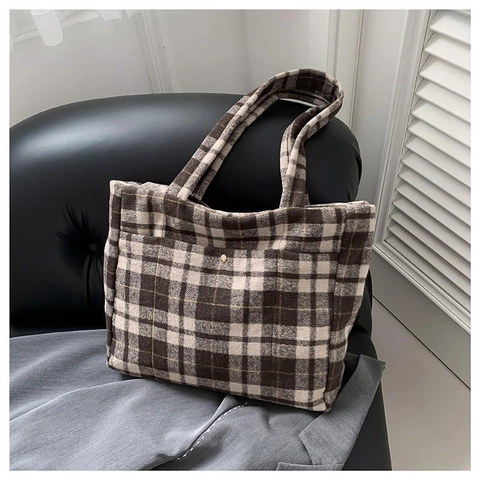 Damen Große Kapazität Wollstoff Kariert Tote Bag Urban Minimalistisch Schultertasche Vintage Herbst Winter Pendler Handtasche