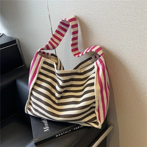 Grand Sac Cabas en Toile à Rayures Contrastées pour Femmes Sac à Bandoulière Polyvalent Sac à Main Décontracté de Plage