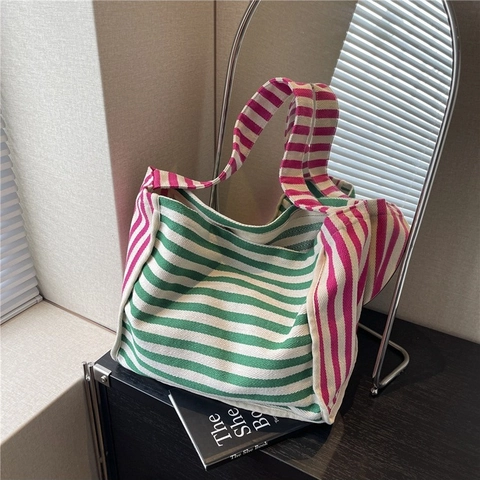 Grand Sac Cabas en Toile à Rayures Contrastées pour Femmes Sac à Bandoulière Polyvalent Sac à Main Décontracté de Plage