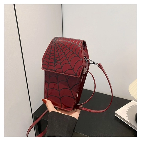 Borsa a Tracolla a Forma di Bara per Donna in Pelle PU Stampa Ragnatela Borsa a Spalla Gotica Halloween Party Borsa per Cellulare Stile Punk
