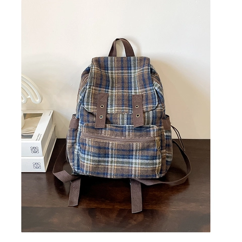 Vintage Καρό Μάλλινο Σακίδιο Πλάτης Για Γυναίκες Preppy Style Σχολική Τσάντα Μεγάλη Χωρητικότητα Multi Pocket Τσάντα Ταξιδιού