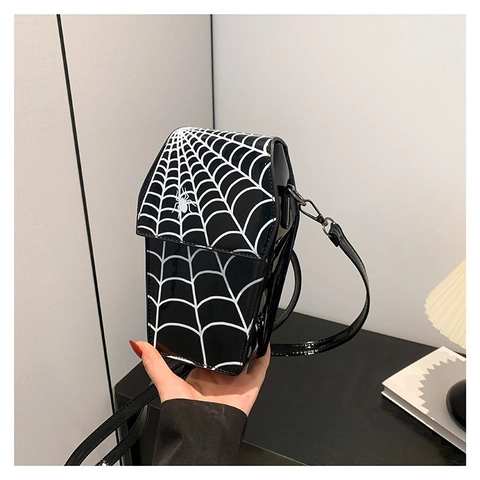 Borsa a Tracolla a Forma di Bara per Donna in Pelle PU Stampa Ragnatela Borsa a Spalla Gotica Halloween Party Borsa per Cellulare Stile Punk