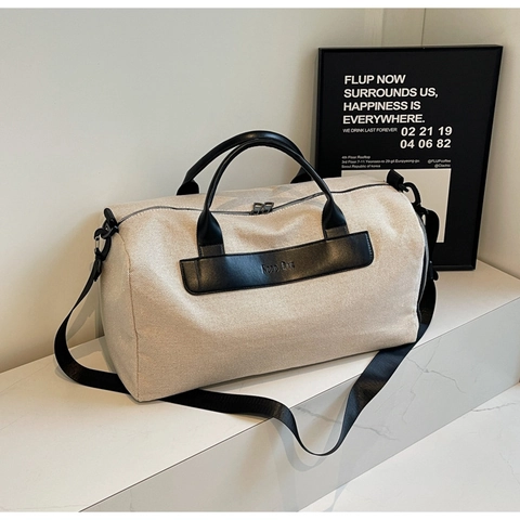 Urban Minimalist Large Capacity Canvas Duffle Bag Women Splicing Contrast Color Handheld Shoulder Travel Bag For Fitness