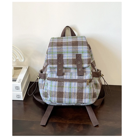 Vintage Καρό Μάλλινο Σακίδιο Πλάτης Για Γυναίκες Preppy Style Σχολική Τσάντα Μεγάλη Χωρητικότητα Multi Pocket Τσάντα Ταξιδιού