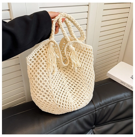 Sommer Damen Gewebte Stroh Umhängetasche Große Kapazität Hohlnetz Tote Bag Mit Quaste Lässige Strand Urlaub Handtasche