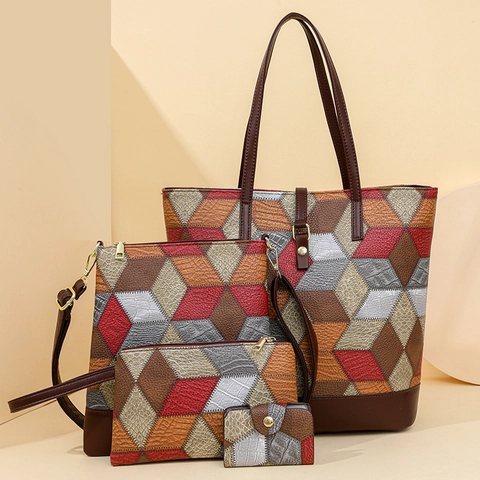 Sac Fourre-tout en Cuir PU Patchwork Géométrique Vintage Avec Sac Bandoulière Et Pochette Et Portefeuille Sac à Épaule Femme Tendance