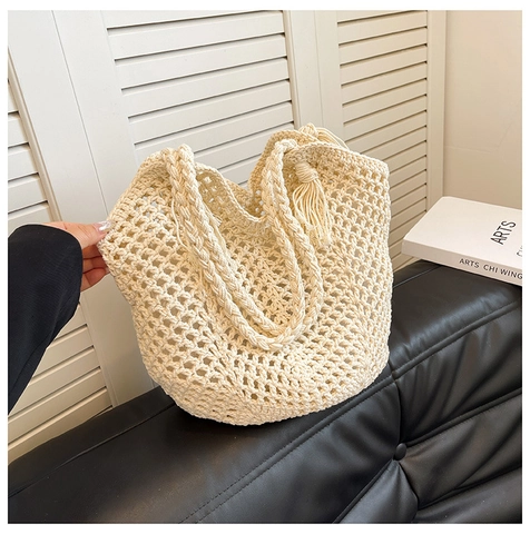 Sommer Damen Gewebte Stroh Umhängetasche Große Kapazität Hohlnetz Tote Bag Mit Quaste Lässige Strand Urlaub Handtasche