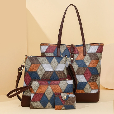 Sac Fourre-tout en Cuir PU Patchwork Géométrique Vintage Avec Sac Bandoulière Et Pochette Et Portefeuille Sac à Épaule Femme Tendance