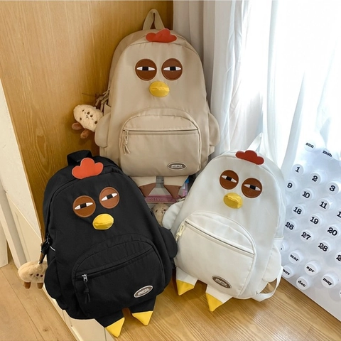 Mochila de Nailon 3D de Pollo de Dibujos Animados con Colgante de Felpa Mujer Niña Creativa Animal Bolsa de Escuela Ligera Mochila Doble