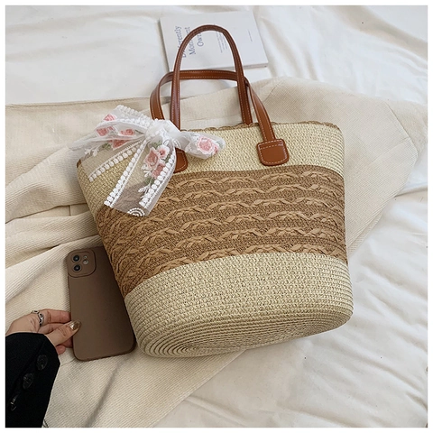 Bolso Tote de Paja Tejida para Mujer Con Lazo de Encaje Bordado Bolso de Hombro Minimalista de Gran Capacidad Verano